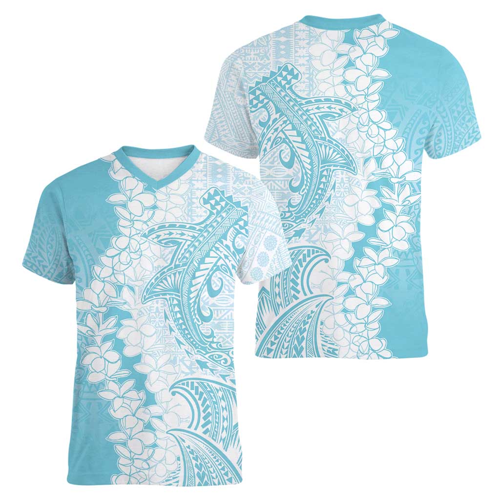 Polynesian Turquoise Plumeria Lei Women V-Neck T-Shirt with Hammerhead Shark
