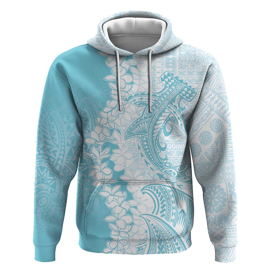 Polynesian Turquoise Plumeria Lei Zip Hoodie with Hammerhead Shark LT7 Pullover Hoodie Turquoise - Polynesian Pride