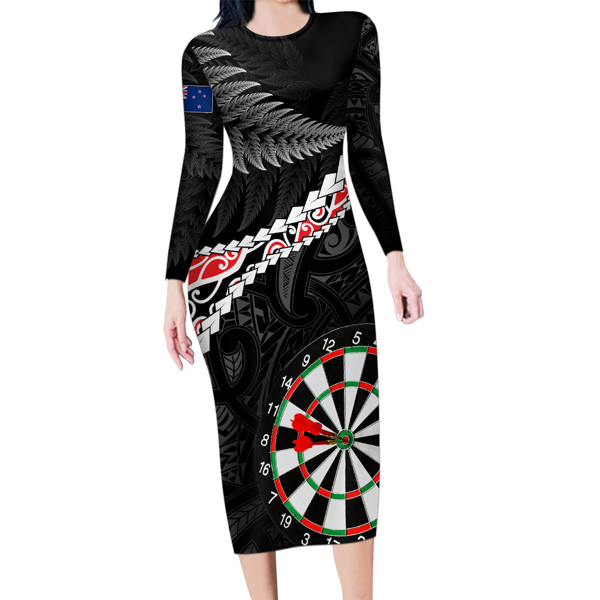 Personalised New Zealand Darts Family Matching Long Sleeve Bodycon Dress and Hawaiian Shirt Maori Manaia LT7 Mom's Dress Black - Polynesian Pride