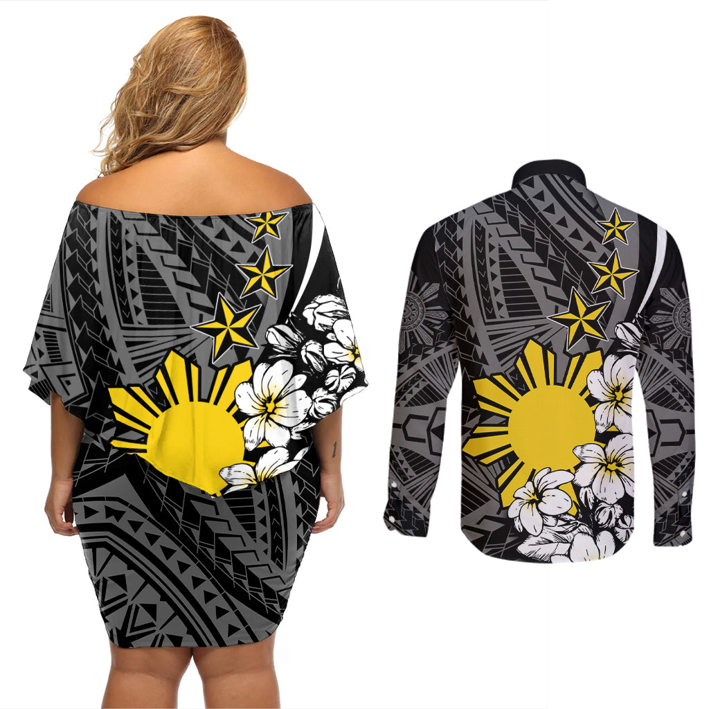 Philippines Sampaguita Personalised Couples Matching Off Shoulder Short Dress and Long Sleeve Button Shirt Women's Day LT7 - Polynesian Pride