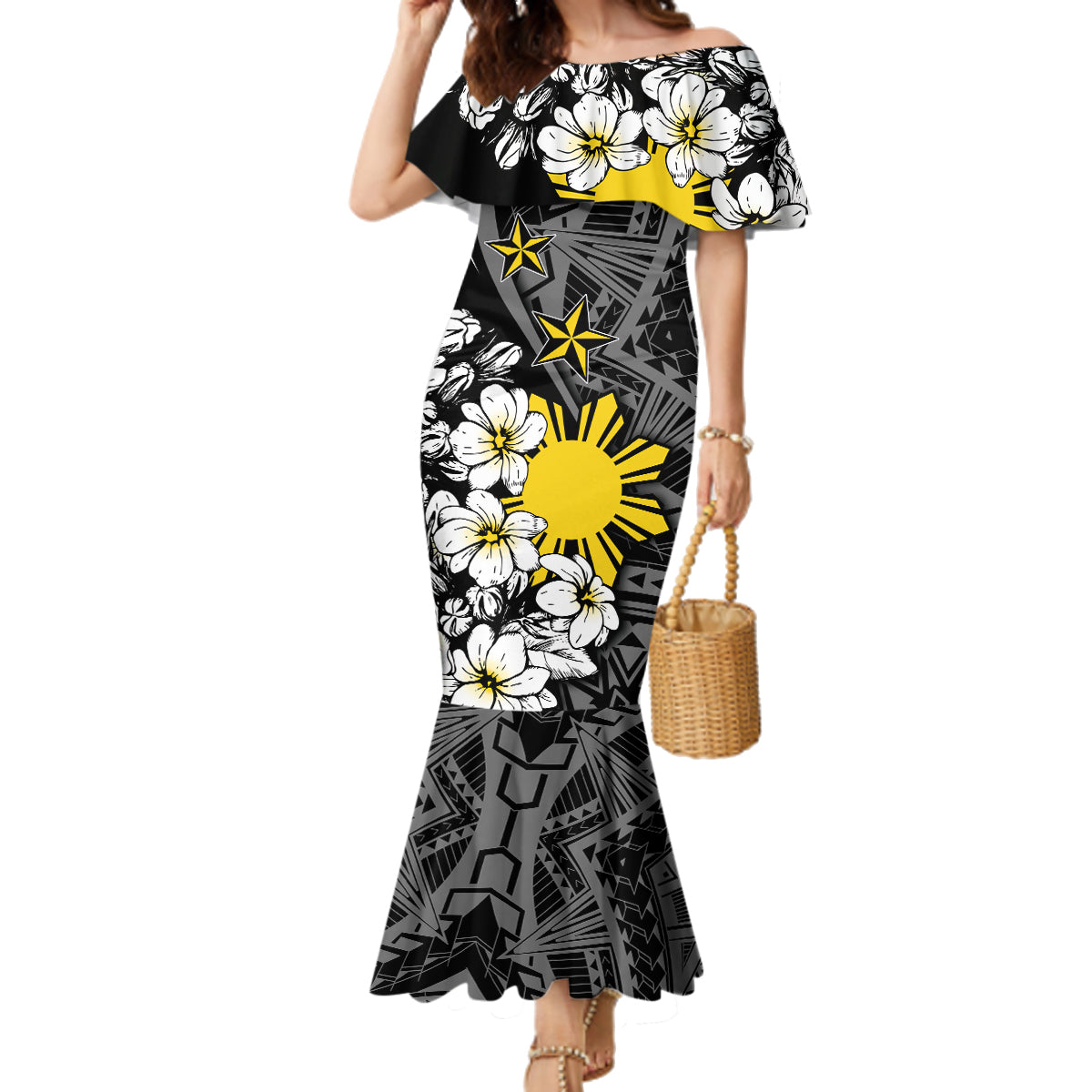 Philippines Sampaguita Personalised Family Matching Mermaid Dress and Hawaiian Shirt Women's Day LT7 Mom's Dress Black - Polynesian Pride