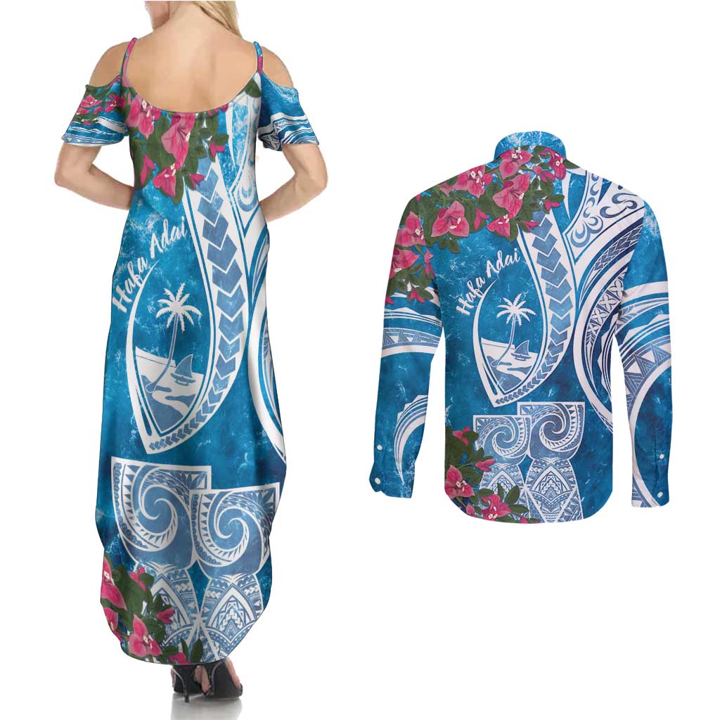 Hafa Adai Guam Couples Matching Summer Maxi Dress and Long Sleeve Button Shirt Crystal Waves