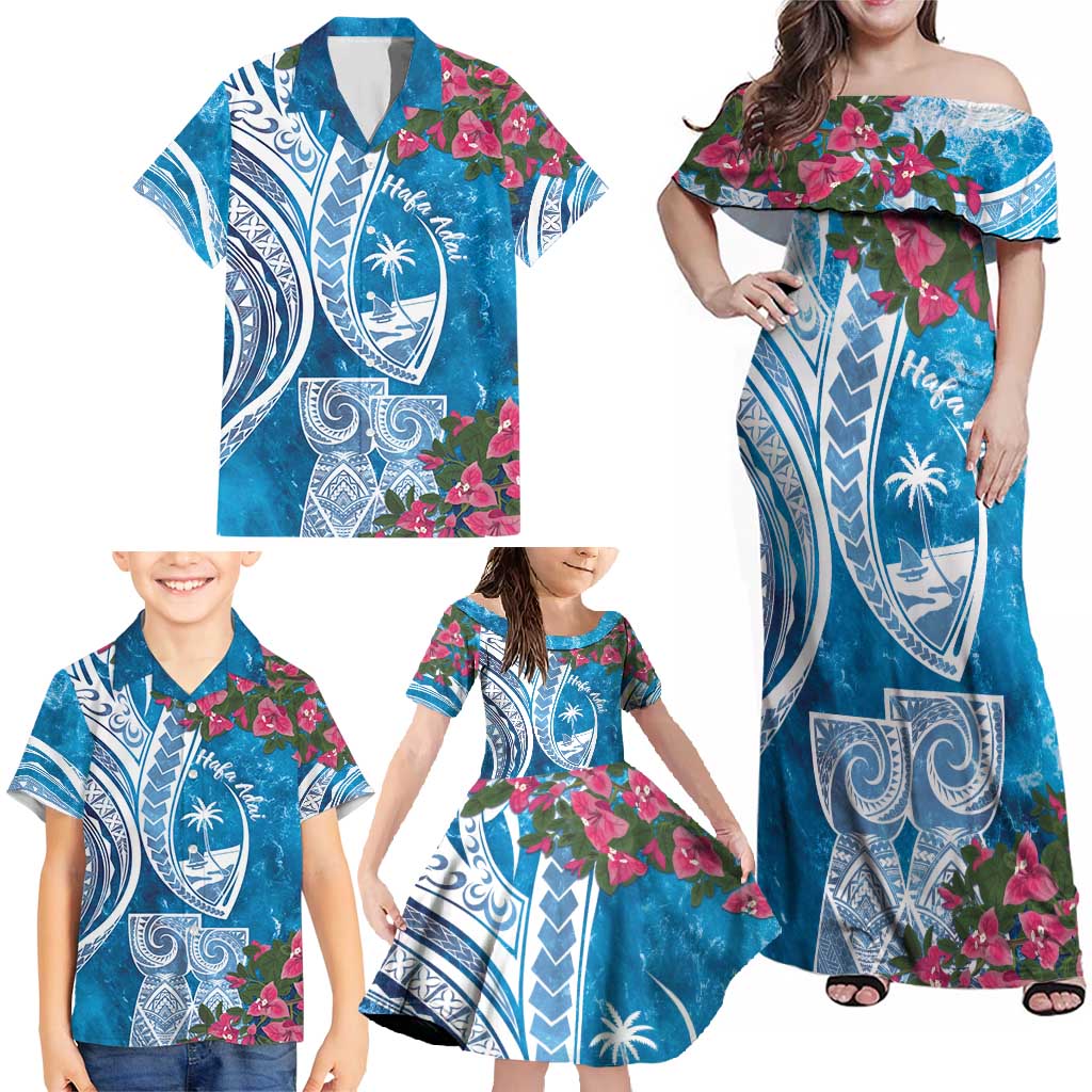 Hafa Adai Guam Family Matching Off Shoulder Maxi Dress and Hawaiian Shirt Crystal Waves
