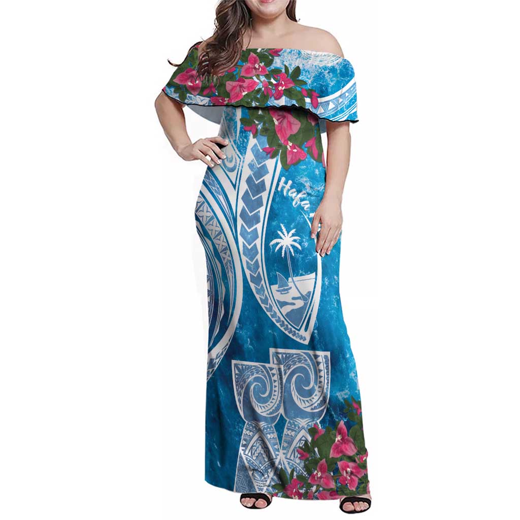 Hafa Adai Guam Family Matching Off Shoulder Maxi Dress and Hawaiian Shirt Crystal Waves