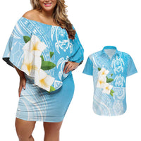 Personalized Guam Chamorro Couples Matching Off Shoulder Short Dress and Hawaiian Shirt Turtles and Guasali Flowers