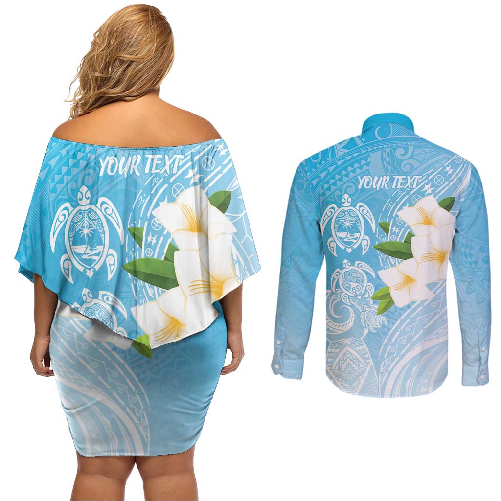 Personalized Guam Chamorro Couples Matching Off Shoulder Short Dress and Long Sleeve Button Shirt Turtles and Guasali Flowers