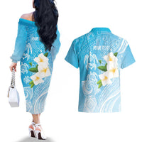 Personalized Guam Chamorro Couples Matching Off The Shoulder Long Sleeve Dress and Hawaiian Shirt Turtles and Guasali Flowers