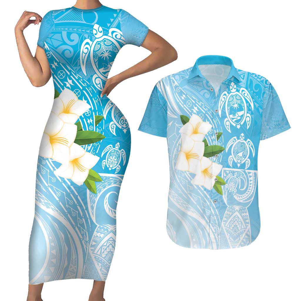 Personalized Guam Chamorro Couples Matching Short Sleeve Bodycon Dress and Hawaiian Shirt Turtles and Guasali Flowers