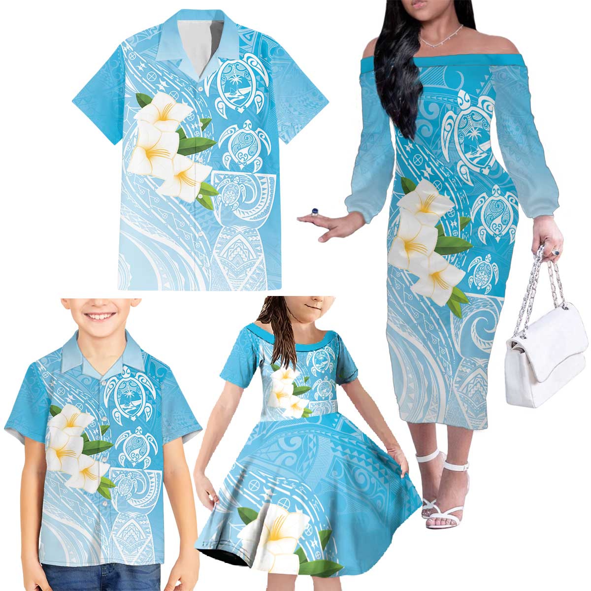 Personalized Guam Chamorro Family Matching Off The Shoulder Long Sleeve Dress and Hawaiian Shirt Turtles and Guasali Flowers