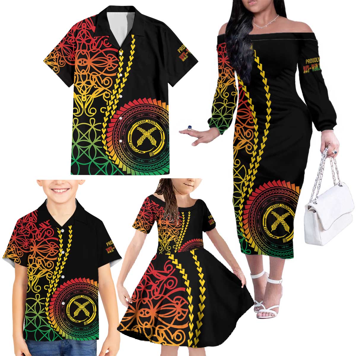 Proudly Ni-Van Sandroing Inspired Classic Style Family Matching Off The Shoulder Long Sleeve Dress and Hawaiian Shirt