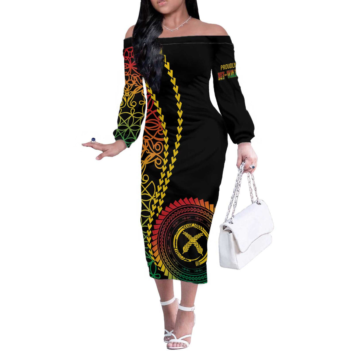 Proudly Ni-Van Sandroing Inspired Classic Style Off The Shoulder Long Sleeve Dress LT7 Women Colorful - Polynesian Pride