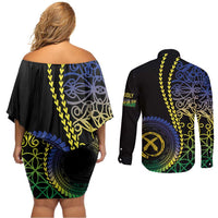 Proudly Ni-Van Sandroing Inspired Couples Matching Off Shoulder Short Dress and Long Sleeve Button Shirt Malampa Classic Style