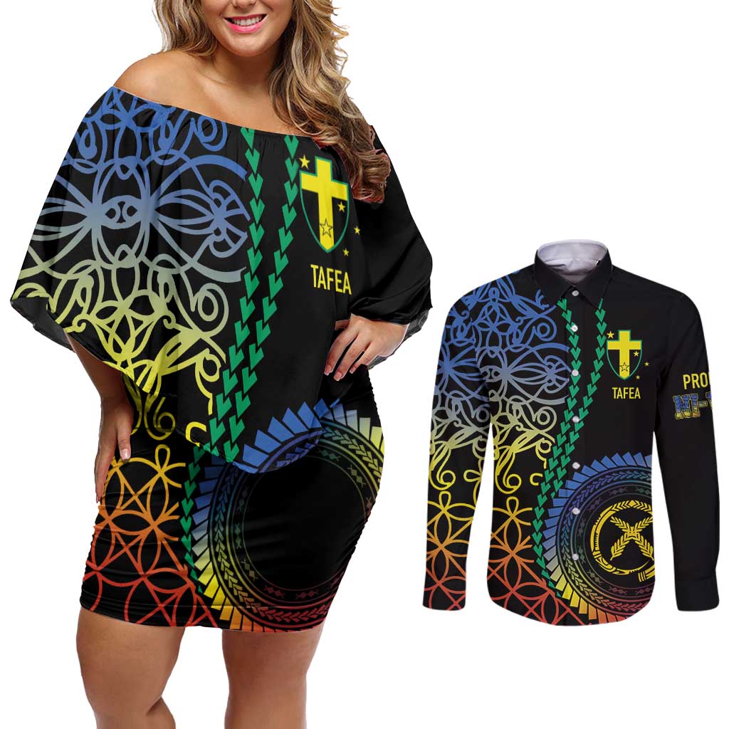 Proudly Ni-Van Sandroing Inspired Couples Matching Off Shoulder Short Dress and Long Sleeve Button Shirt Tafea Classic Style