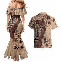Bula Fiji Couples Matching Mermaid Dress and Hawaiian Shirt Shark Tail Beige Masi Tapa