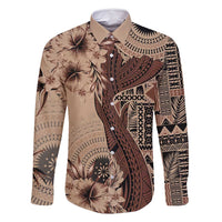 Bula Fiji Family Matching Long Sleeve Bodycon Dress and Hawaiian Shirt Shark Tail Beige Masi Tapa
