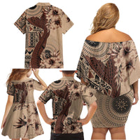 Bula Fiji Family Matching Off Shoulder Short Dress and Hawaiian Shirt Shark Tail Beige Masi Tapa