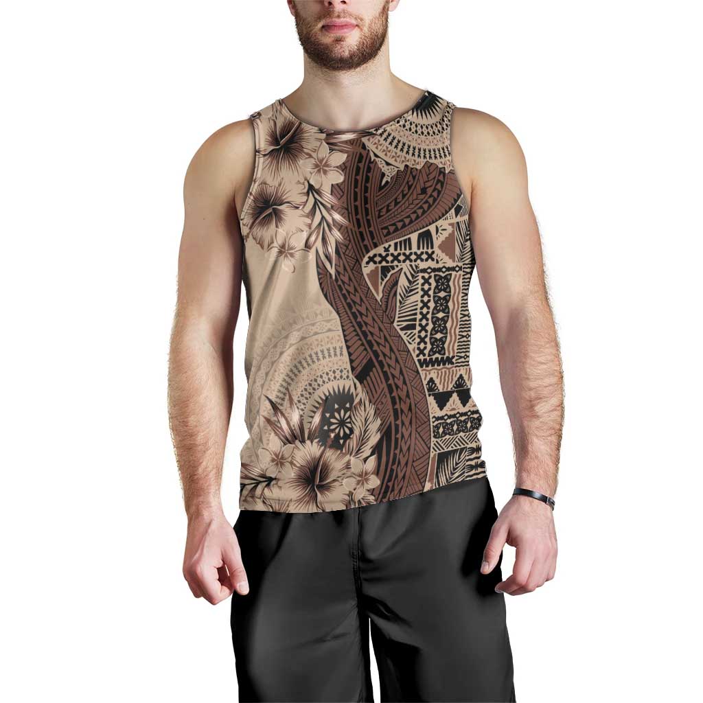 Bula Fiji Men Tank Top Shark Tail Beige Masi Tapa
