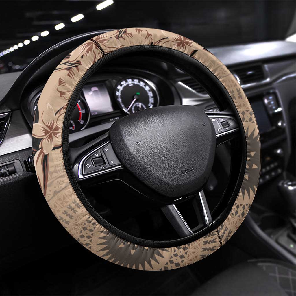 Bula Fiji Steering Wheel Cover Shark Tail Beige Masi Tapa LT7 Universal Fit Beige - Polynesian Pride