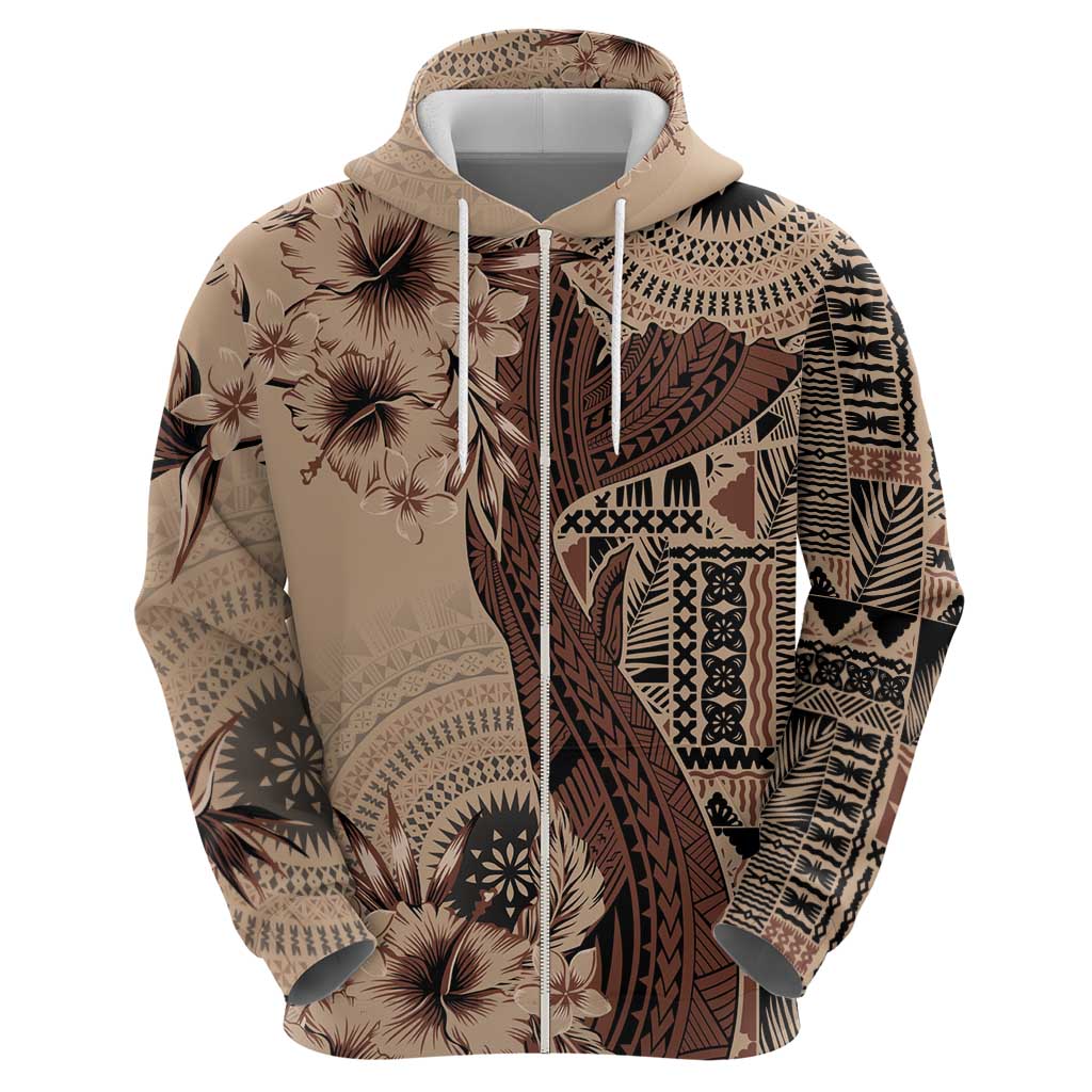 Bula Fiji Zip Hoodie Shark Tail Beige Masi Tapa