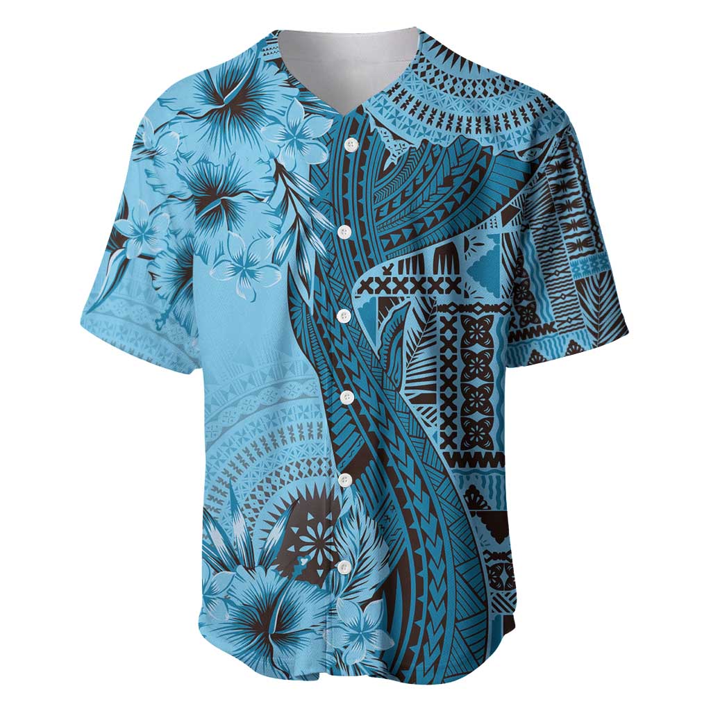 Bula Fiji Baseball Jersey Shark Tail Turquoise Masi Tapa LT7 Turquoise - Polynesian Pride