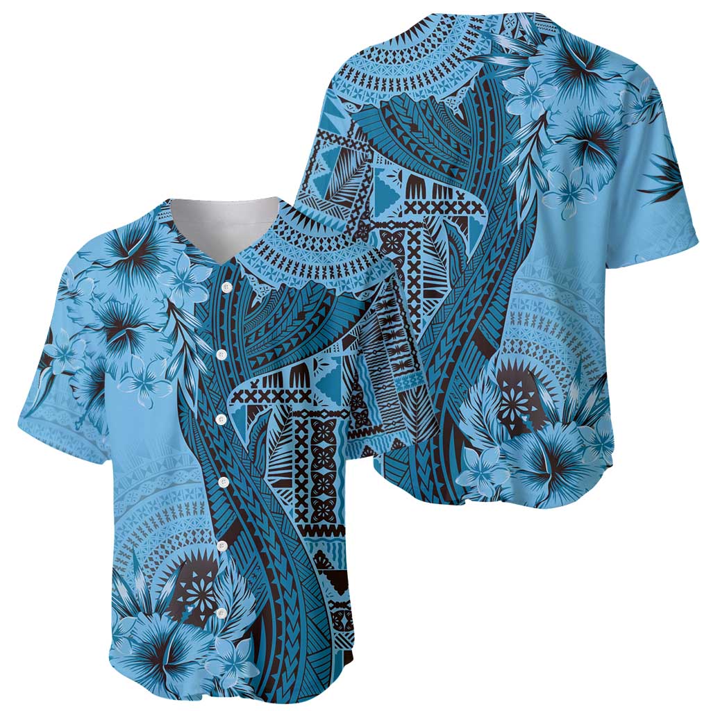 Bula Fiji Baseball Jersey Shark Tail Turquoise Masi Tapa LT7 - Polynesian Pride