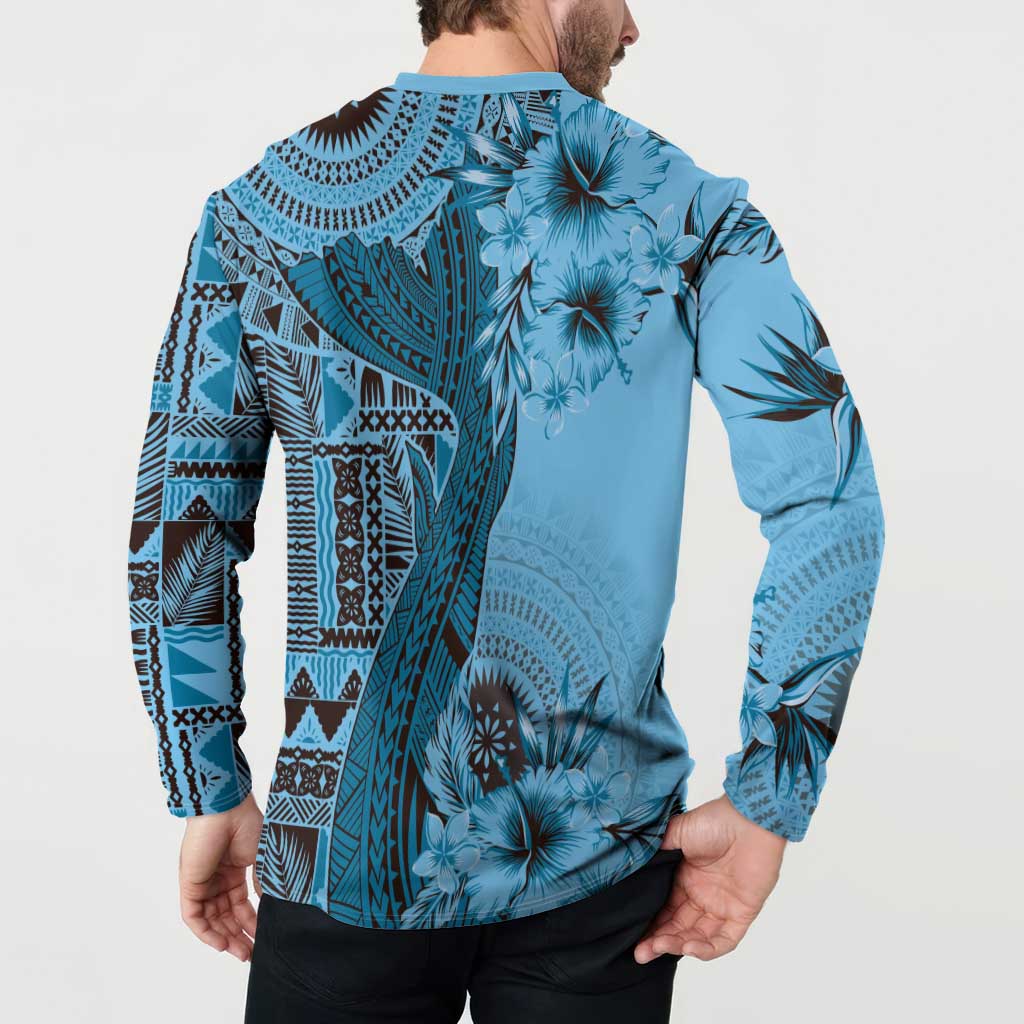 Bula Fiji Button Sweatshirt Shark Tail Turquoise Masi Tapa
