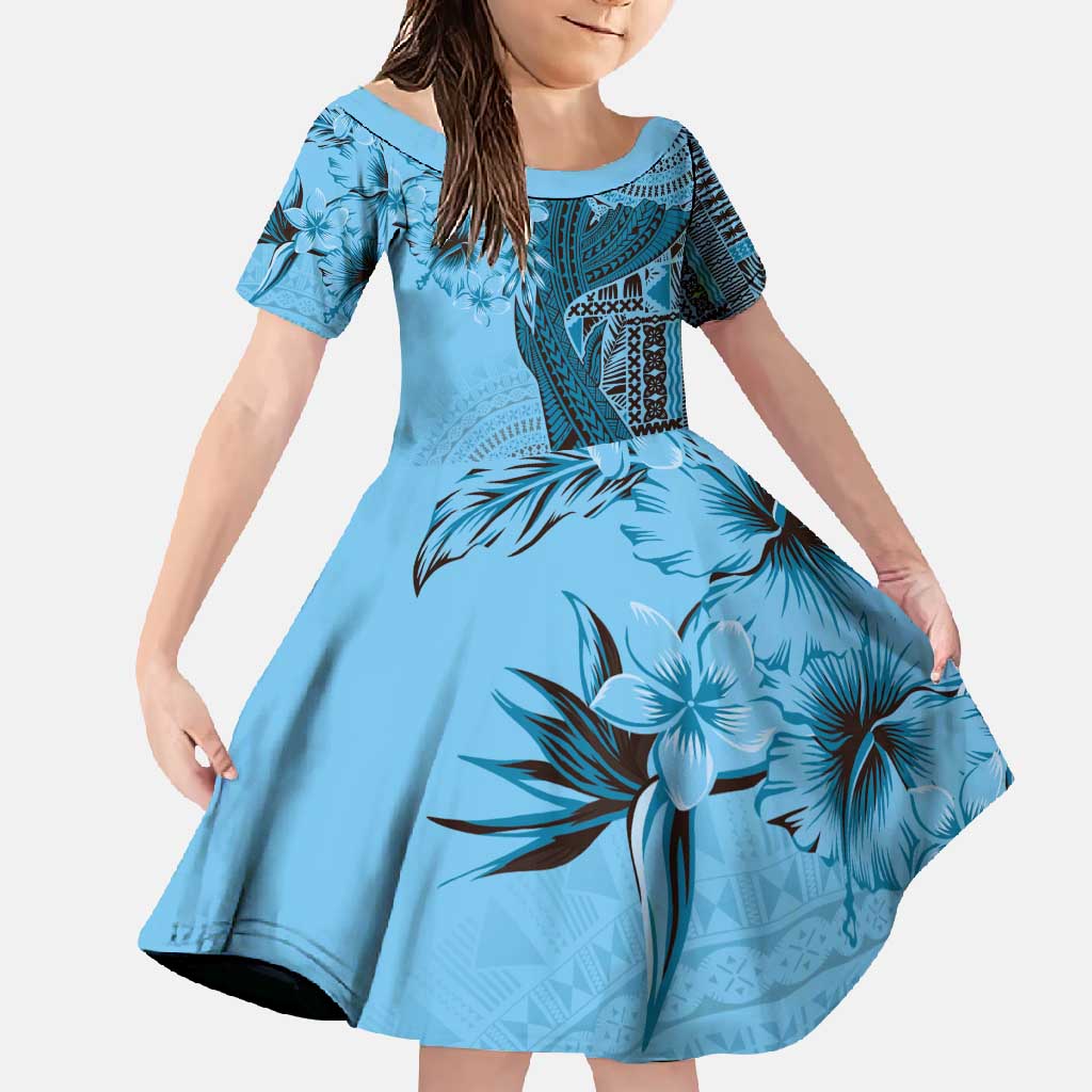 Bula Fiji Family Matching Long Sleeve Bodycon Dress and Hawaiian Shirt Shark Tail Turquoise Masi Tapa