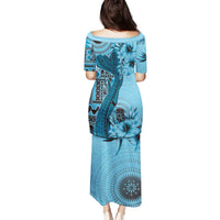 Bula Fiji Family Matching Puletasi and Hawaiian Shirt Shark Tail Turquoise Masi Tapa