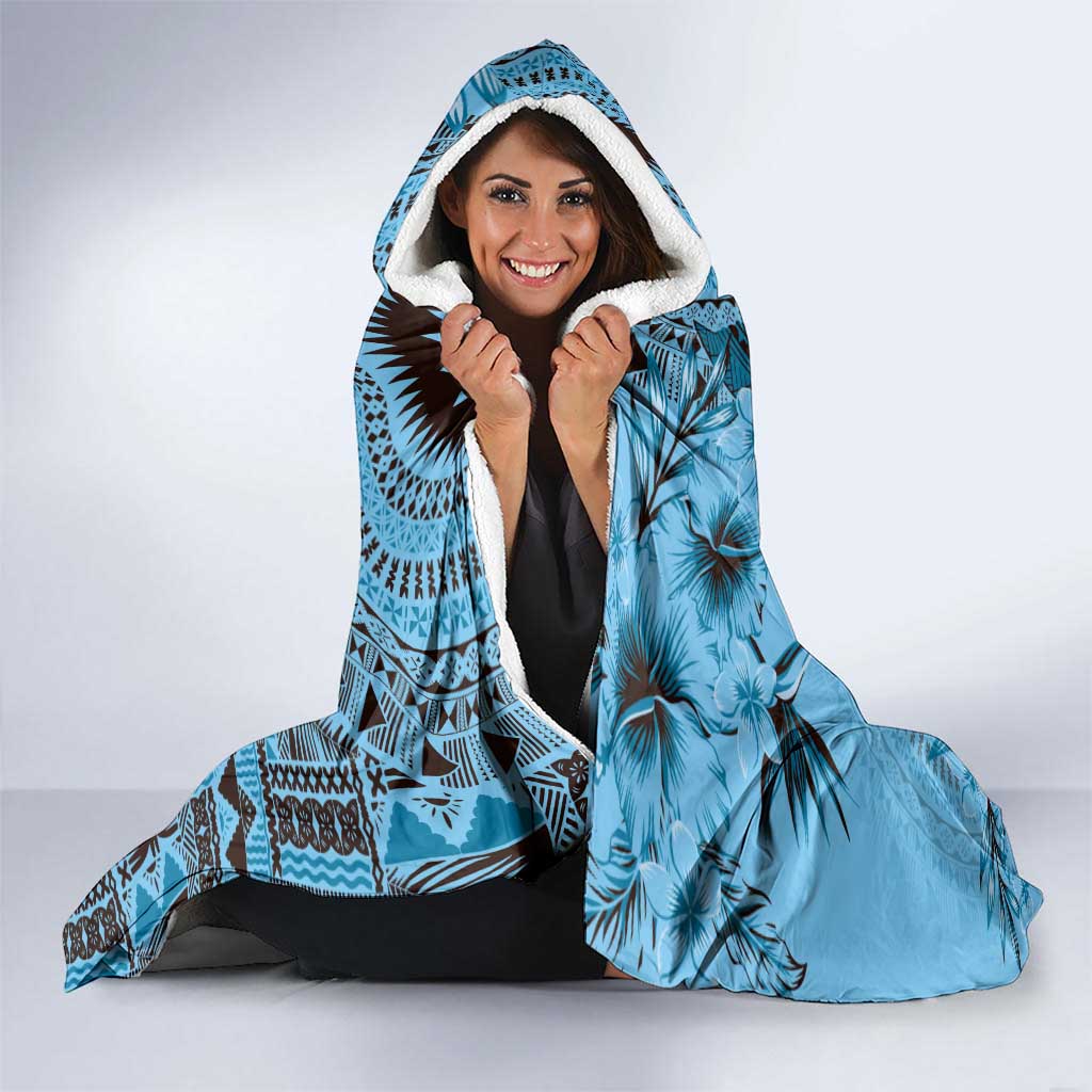 Bula Fiji Hooded Blanket Shark Tail Turquoise Masi Tapa
