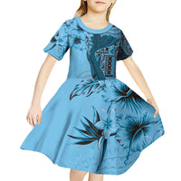 Bula Fiji Kid Short Sleeve Dress Shark Tail Turquoise Masi Tapa