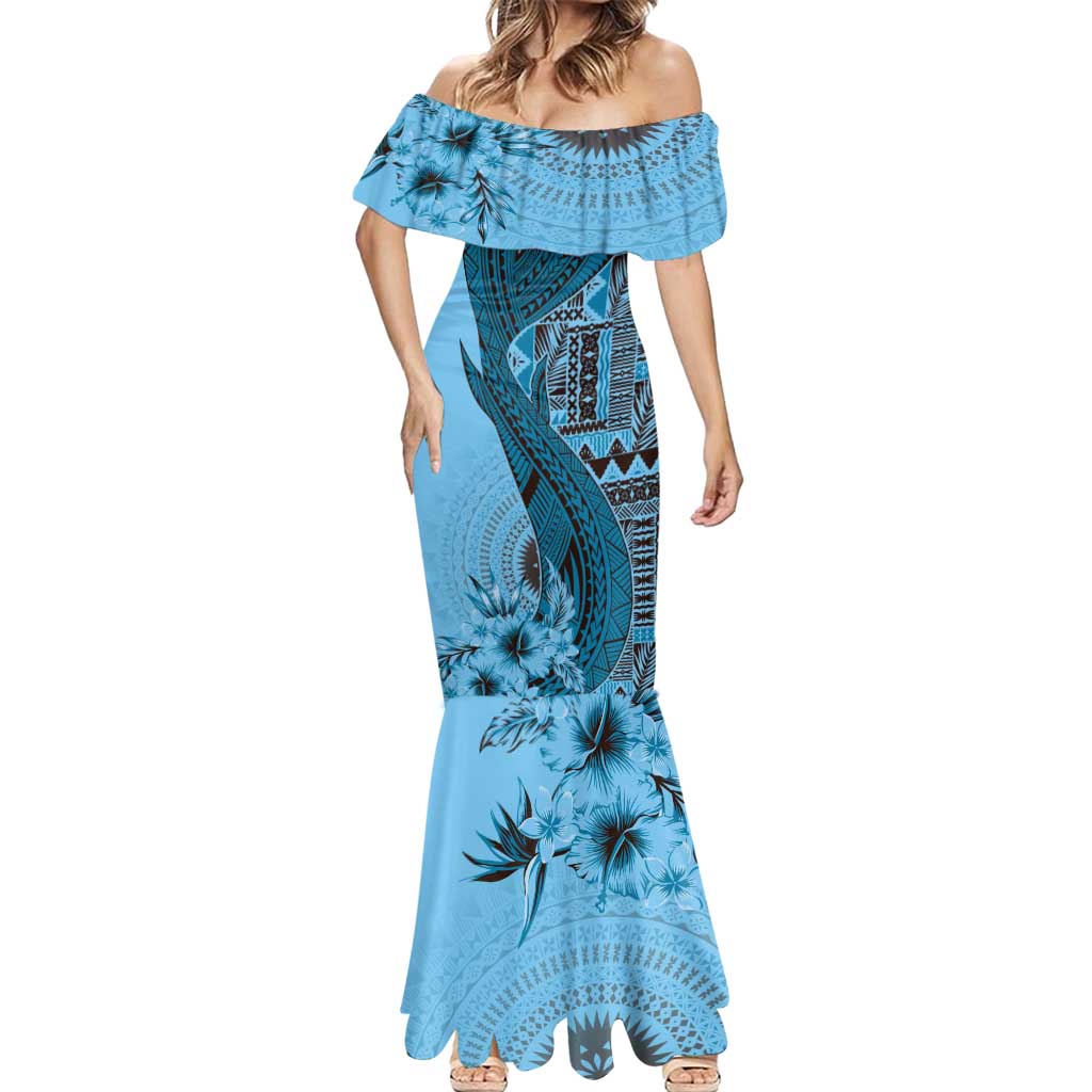 Bula Fiji Mermaid Dress Shark Tail Turquoise Masi Tapa