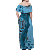 Bula Fiji Off Shoulder Maxi Dress Shark Tail Turquoise Masi Tapa