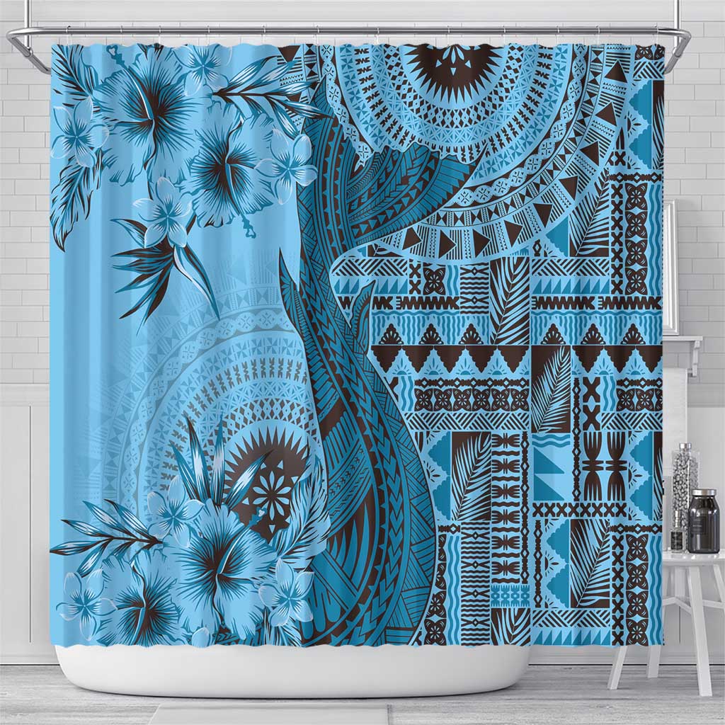 Bula Fiji Shower Curtain Shark Tail Turquoise Masi Tapa