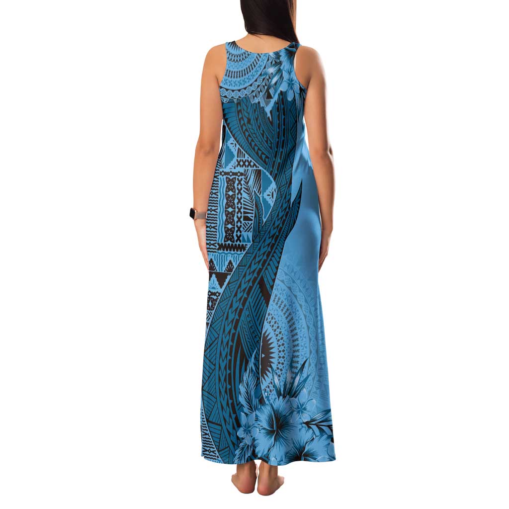 Bula Fiji Tank Maxi Dress Shark Tail Turquoise Masi Tapa