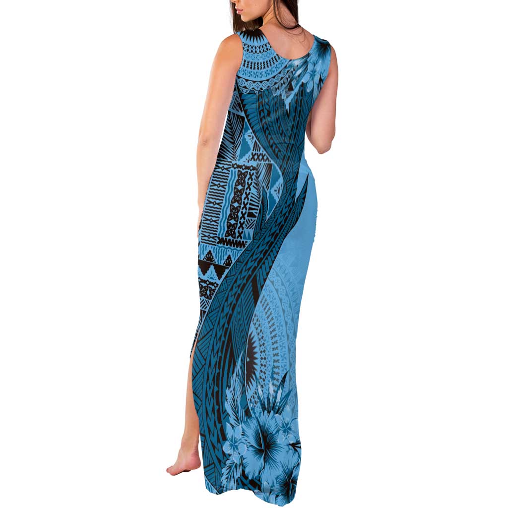 Bula Fiji Tank Maxi Dress Shark Tail Turquoise Masi Tapa