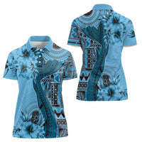 Bula Fiji Women Polo Shirt Shark Tail Turquoise Masi Tapa