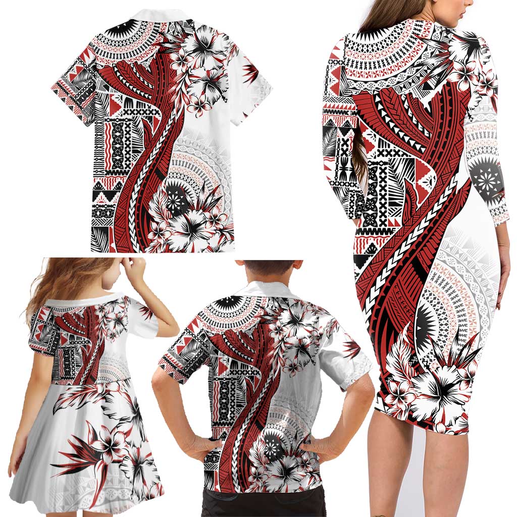 Bula Fiji Family Matching Long Sleeve Bodycon Dress and Hawaiian Shirt Shark Tail White Masi Tapa