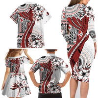 Bula Fiji Family Matching Long Sleeve Bodycon Dress and Hawaiian Shirt Shark Tail White Masi Tapa