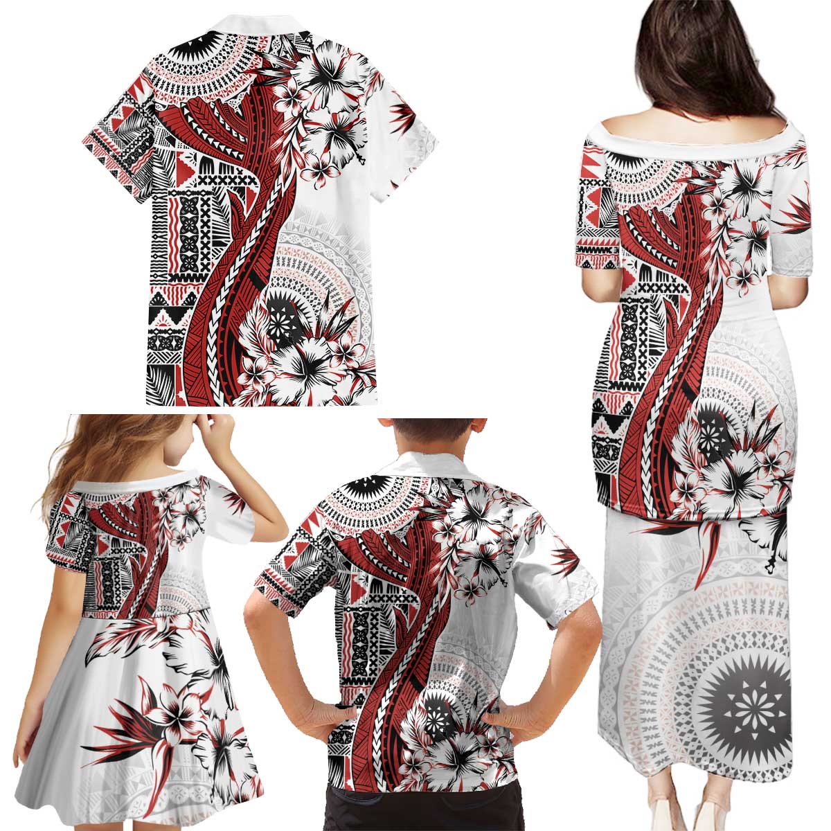 Bula Fiji Family Matching Puletasi and Hawaiian Shirt Shark Tail White Masi Tapa