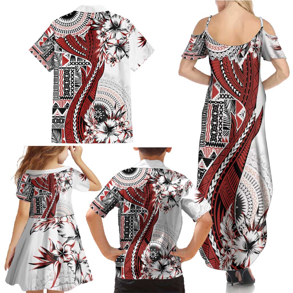 Bula Fiji Family Matching Summer Maxi Dress and Hawaiian Shirt Shark Tail White Masi Tapa