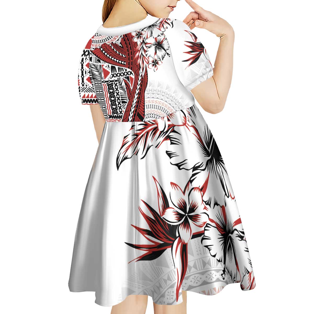 Bula Fiji Kid Short Sleeve Dress Shark Tail White Masi Tapa