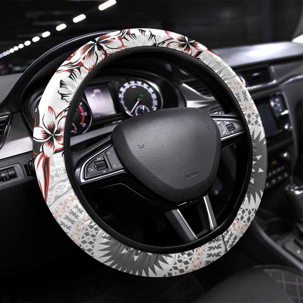 Bula Fiji Steering Wheel Cover Shark Tail White Masi Tapa LT7 Universal Fit White - Polynesian Pride