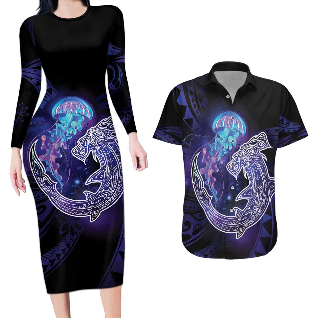 Polynesian Aumakua Couples Matching Long Sleeve Bodycon Dress and Hawaiian Shirt Jellyfish with Shark - Polynesian Pride