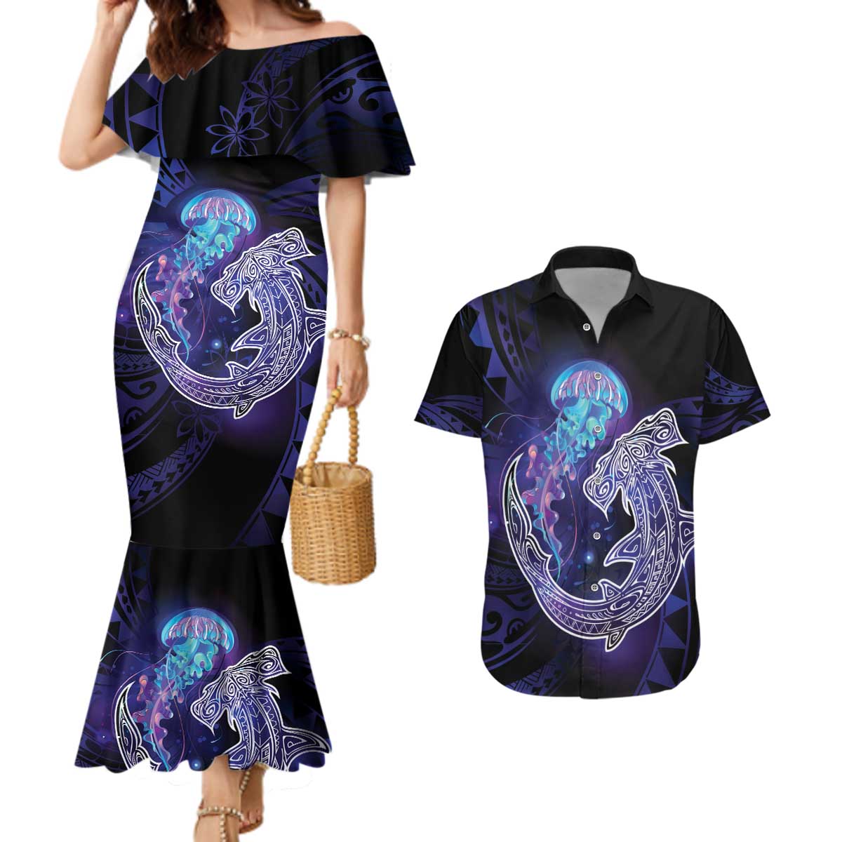 Polynesian Aumakua Couples Matching Mermaid Dress and Hawaiian Shirt Jellyfish with Shark - Polynesian Pride
