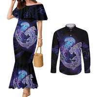 Polynesian Aumakua Couples Matching Mermaid Dress and Long Sleeve Button Shirt Jellyfish with Shark - Polynesian Pride