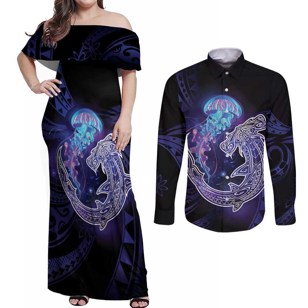 Polynesian Aumakua Couples Matching Off Shoulder Maxi Dress and Long Sleeve Button Shirt Jellyfish with Shark - Polynesian Pride