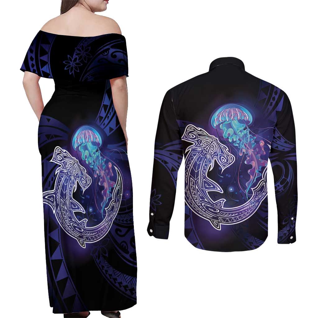 Polynesian Aumakua Couples Matching Off Shoulder Maxi Dress and Long Sleeve Button Shirt Jellyfish with Shark - Polynesian Pride