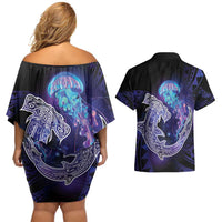 Polynesian Aumakua Couples Matching Off Shoulder Short Dress and Hawaiian Shirt Jellyfish with Shark - Polynesian Pride