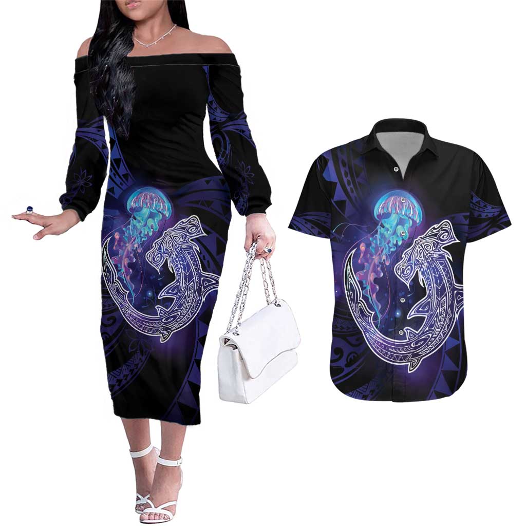 Polynesian Aumakua Couples Matching Off The Shoulder Long Sleeve Dress and Hawaiian Shirt Jellyfish with Shark - Polynesian Pride