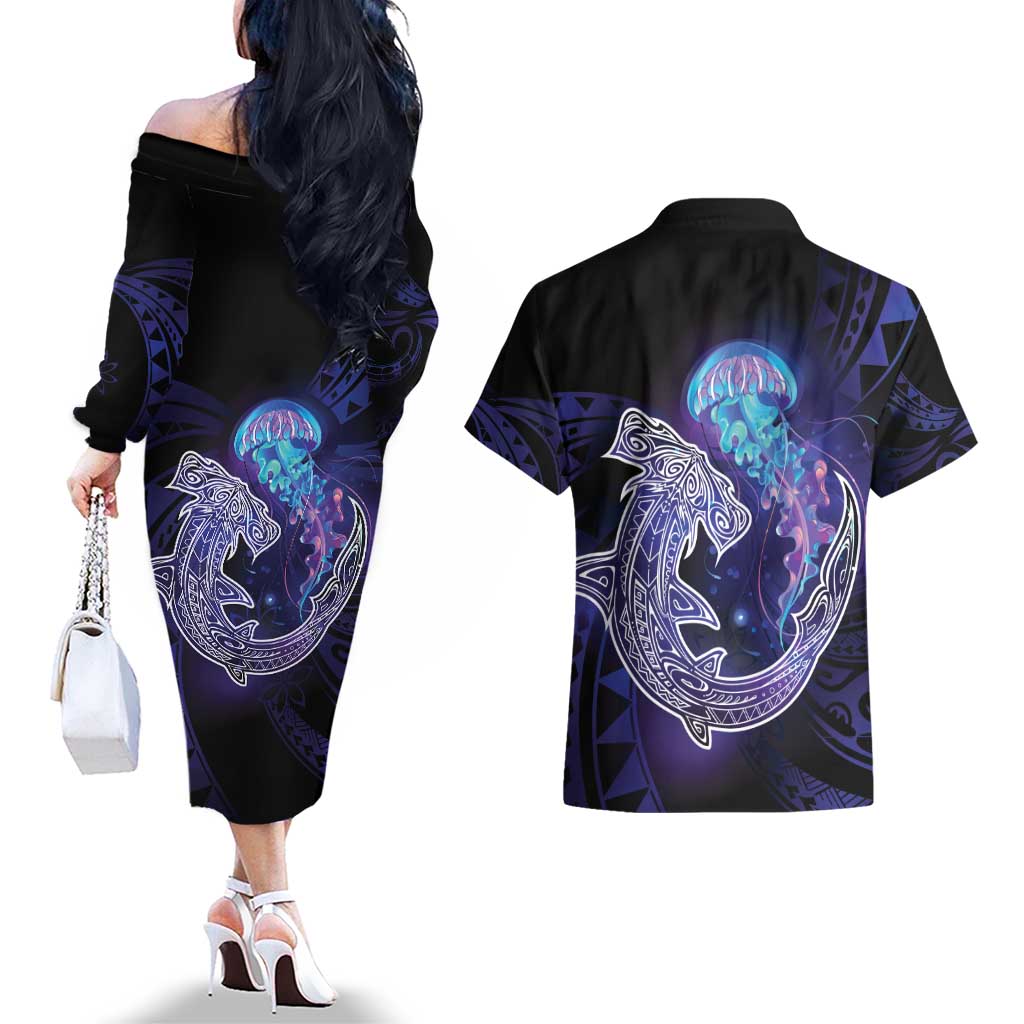 Polynesian Aumakua Couples Matching Off The Shoulder Long Sleeve Dress and Hawaiian Shirt Jellyfish with Shark - Polynesian Pride